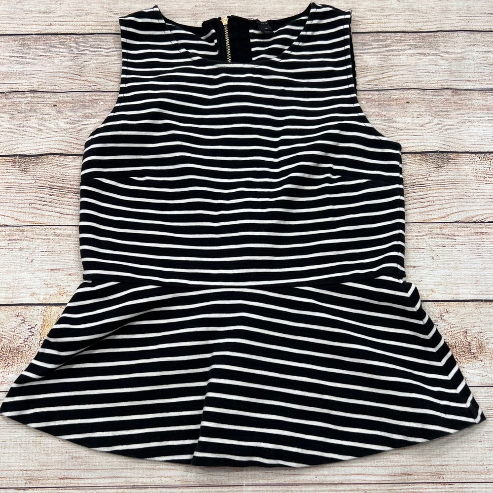 J Crew‎ Black White Striped Peplum Top Sleeveless Zipper XS Cotton Spandex